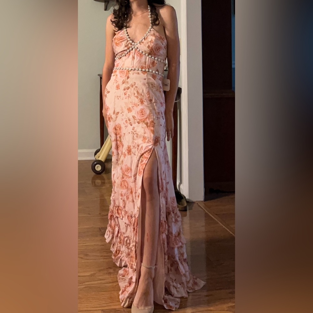 Altar'd State Anastasia Floral Pink Halter Maxi Prom Dress - Picture 4 of 6
